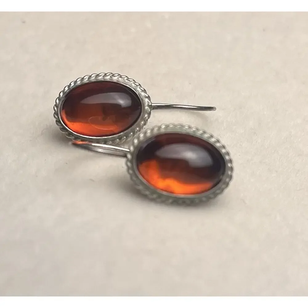 925 Sterling Silver Amber Dangle Drop Earrings Honey Cabochon Dainty Hook Lot
